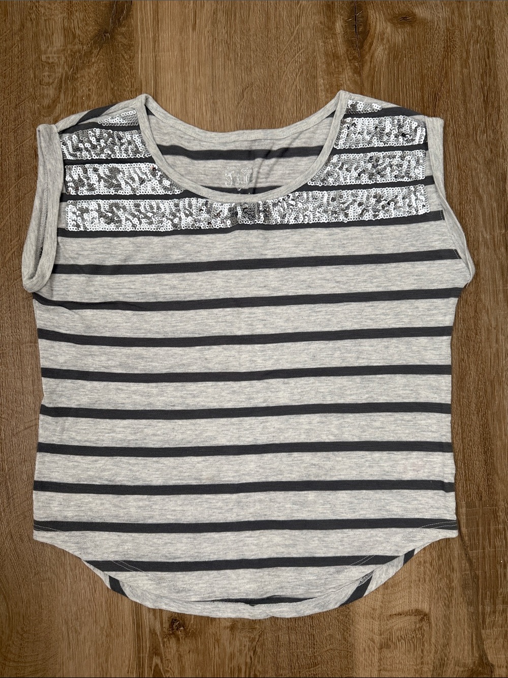 Justice Gray Striped Top with Sequin Accent